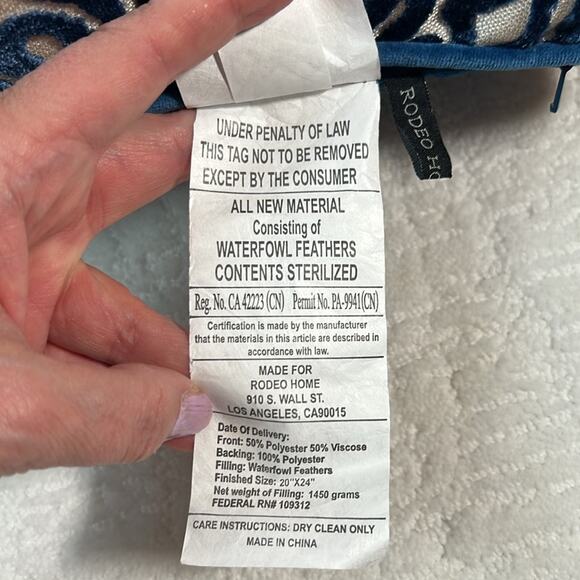 New! Rodeo Home Velvet Down Feather blue and ivory throw pillow 20x24 - Picture 4 of 9